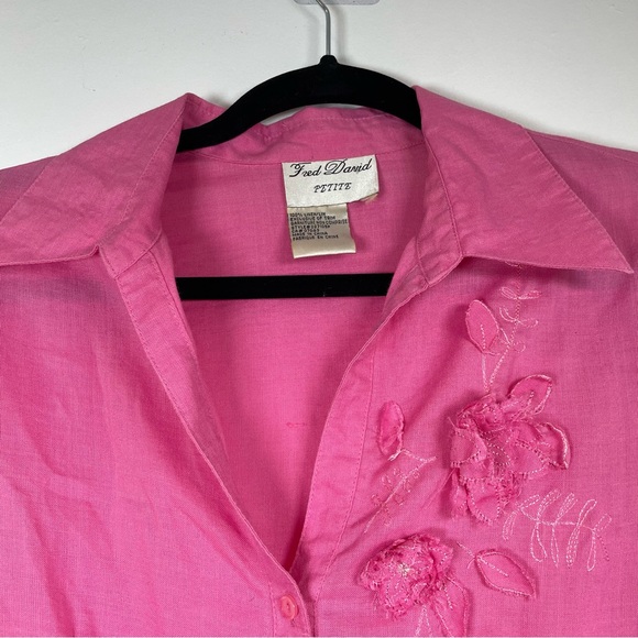 Fred David Petite Pink Linen Button Front 3/4 Sleeve Floral Embroidered Blouse - Picture 3 of 16